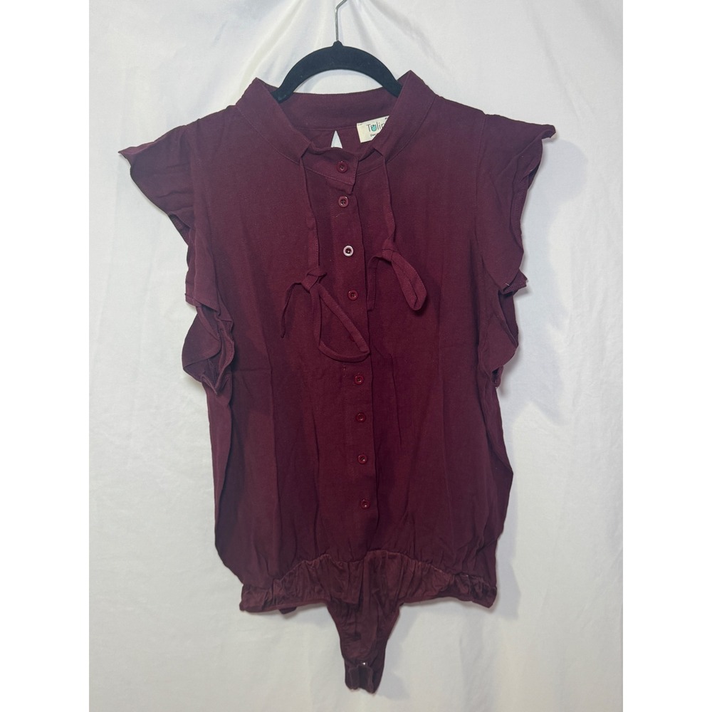 Burgundy Ruffle Bodysuit XL Romantic Balletcore Tie Neck Tulip B NWT - Picture 2 of 6